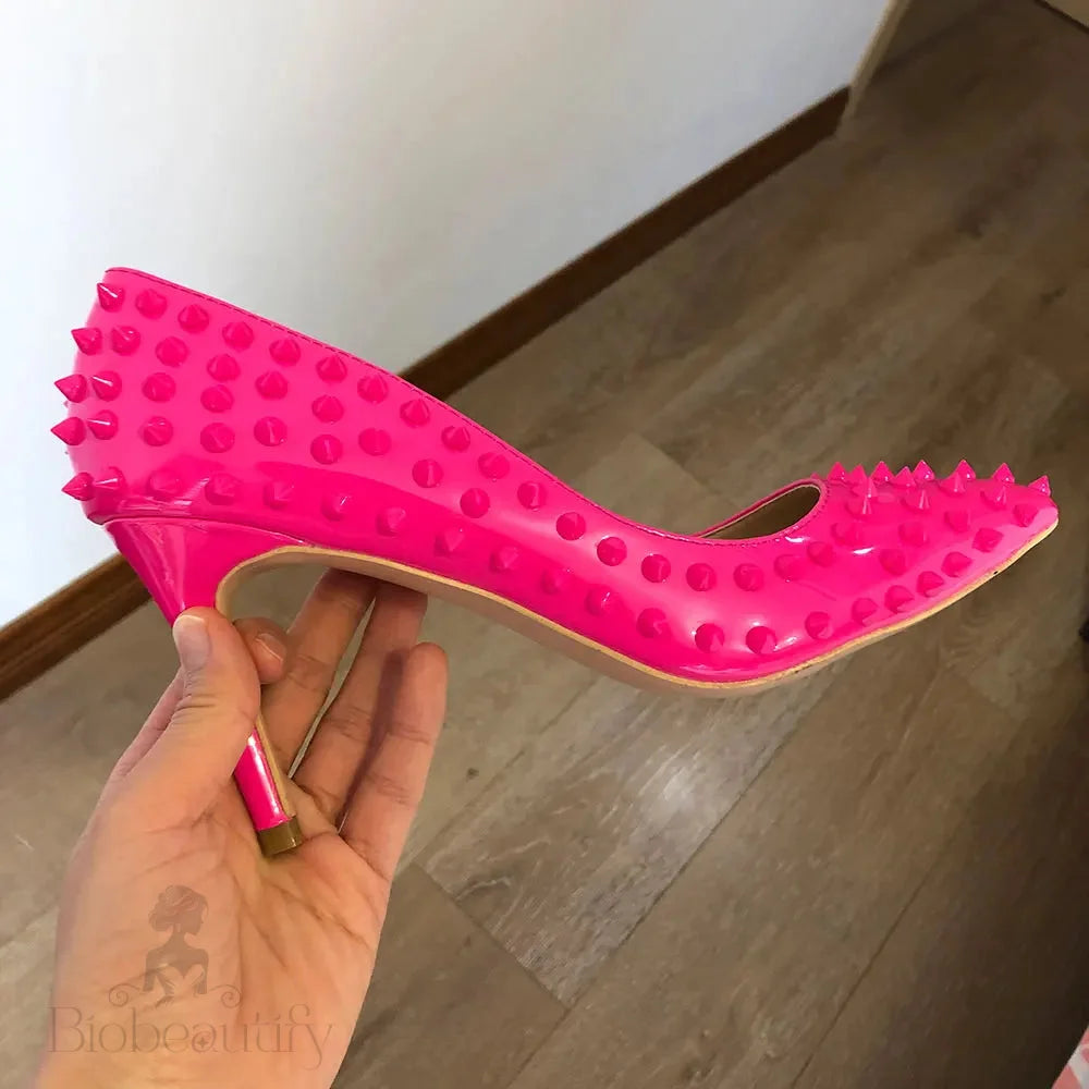 Rose Pink Sexy Spikes Pointed Toe Stiletto Pumps Slip On High Heels For Women