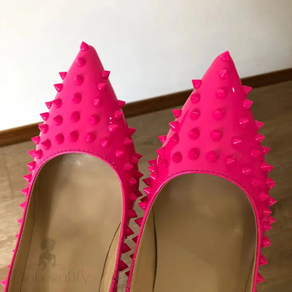 Rose Pink Sexy Spikes Pointed Toe Stiletto Pumps Slip On High Heels For Women