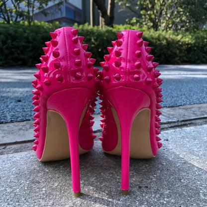 Rose Pink Sexy Spikes Pointed Toe Stiletto Pumps Slip On High Heels For Women