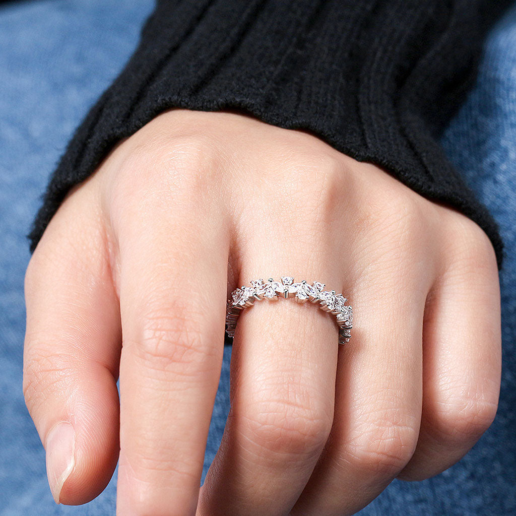 Petal Design Cubic Zirconia Rhodium Plated Sterling Silver Eternity Ring / 8