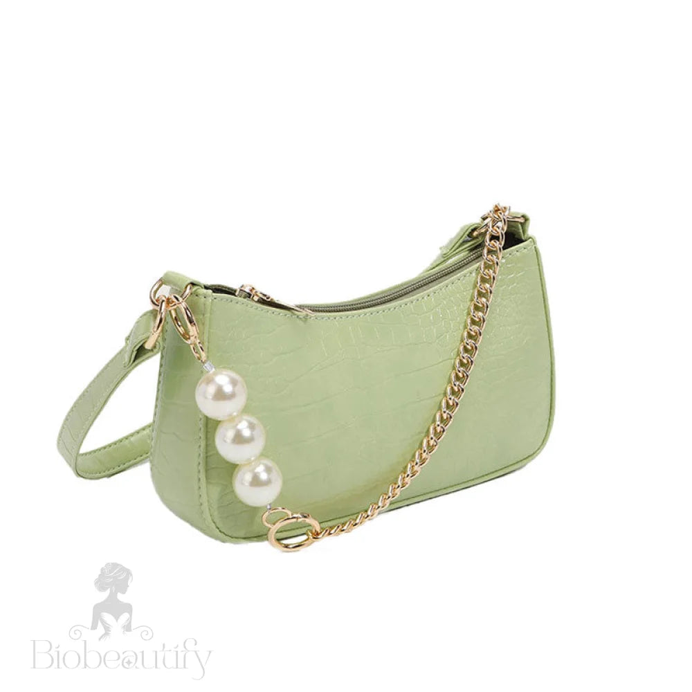 Sage Green Croco Embossed Baguette Bag With Chic Pearl Chunky Chain