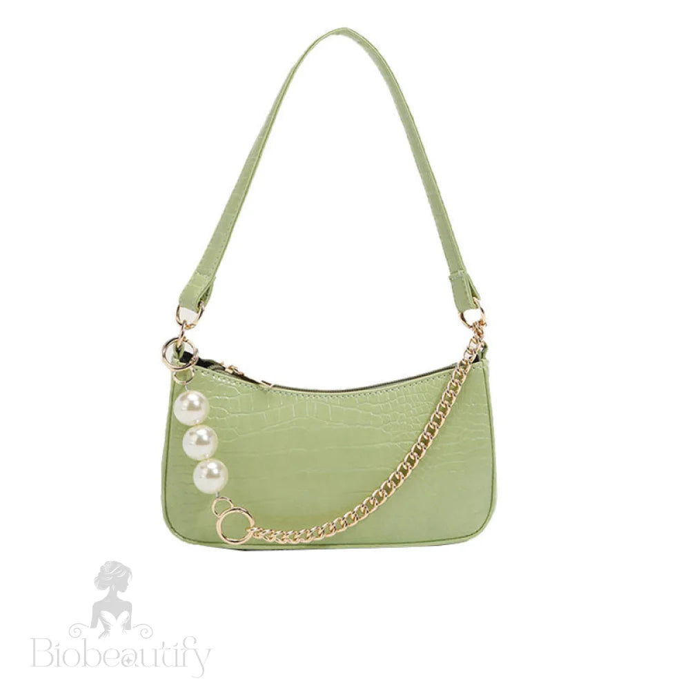 Sage Green Croco Embossed Baguette Bag With Chic Pearl Chunky Chain One Size /