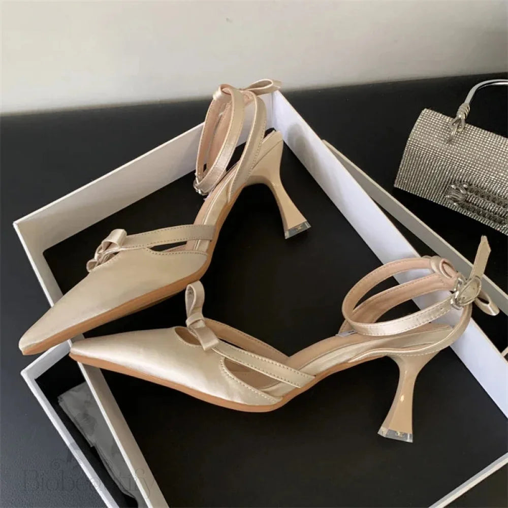 Satin Ankle Buckle Strap Women Pumps With Pointed Toe And Thin Low Heels