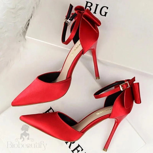 Satin Bow-Knot High Heels Women Pumps For Sexy Wedding Stiletto Red-10Cm / 35