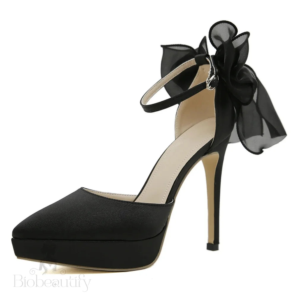 Satin Butterfly-Knot Buckle Strap Women Pumps Pointed Toe Stiletto High Heels