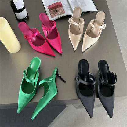 Satin Button Pointed Toe Pumps Slipper Women Fashion Thin High Heels