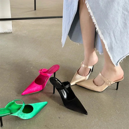 Satin Button Pointed Toe Pumps Slipper Women Fashion Thin High Heels