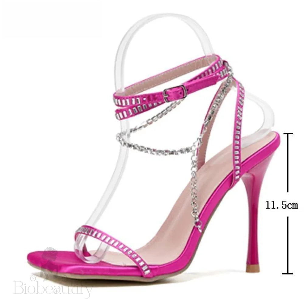 Satin Chain Crystal Sandals Women Ankle Strap For Summer Party Wedding Banquet