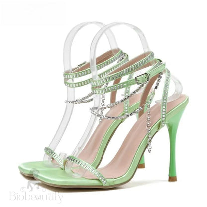 Satin Chain Crystal Sandals Women Ankle Strap For Summer Party Wedding Banquet Green / 41