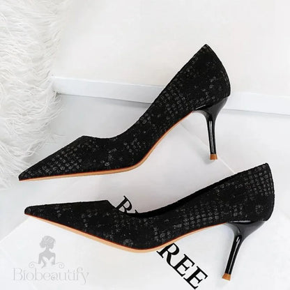 Satin Cloth Stiletto High Heel Women Pumps 869-A9-Black-7Cm / 34