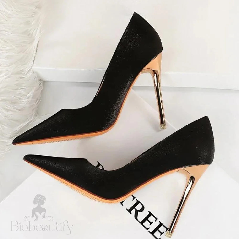 Satin Cloth Stiletto High Heel Women Pumps Black-10.5Cm / 34