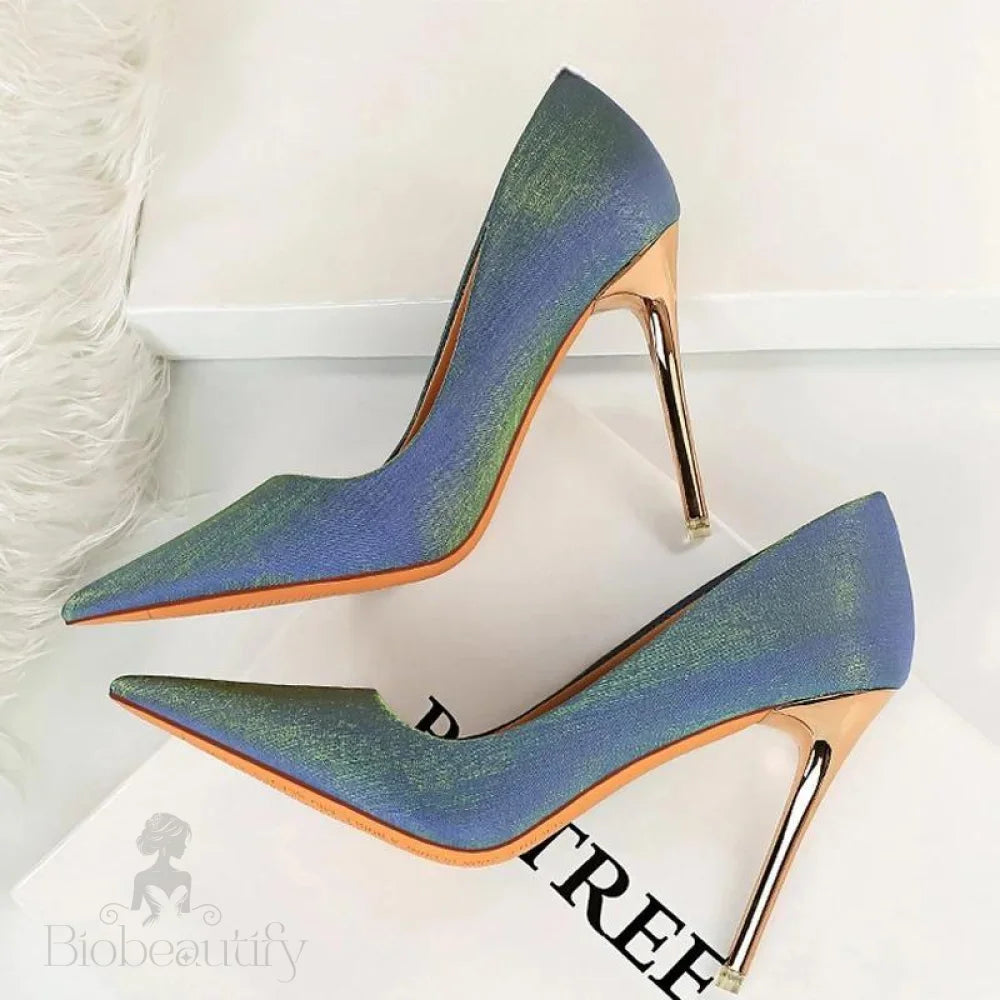 Satin Cloth Stiletto High Heel Women Pumps Blue-10.5Cm / 34