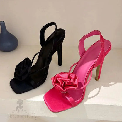 Satin Flower Square Toe Women Sandals