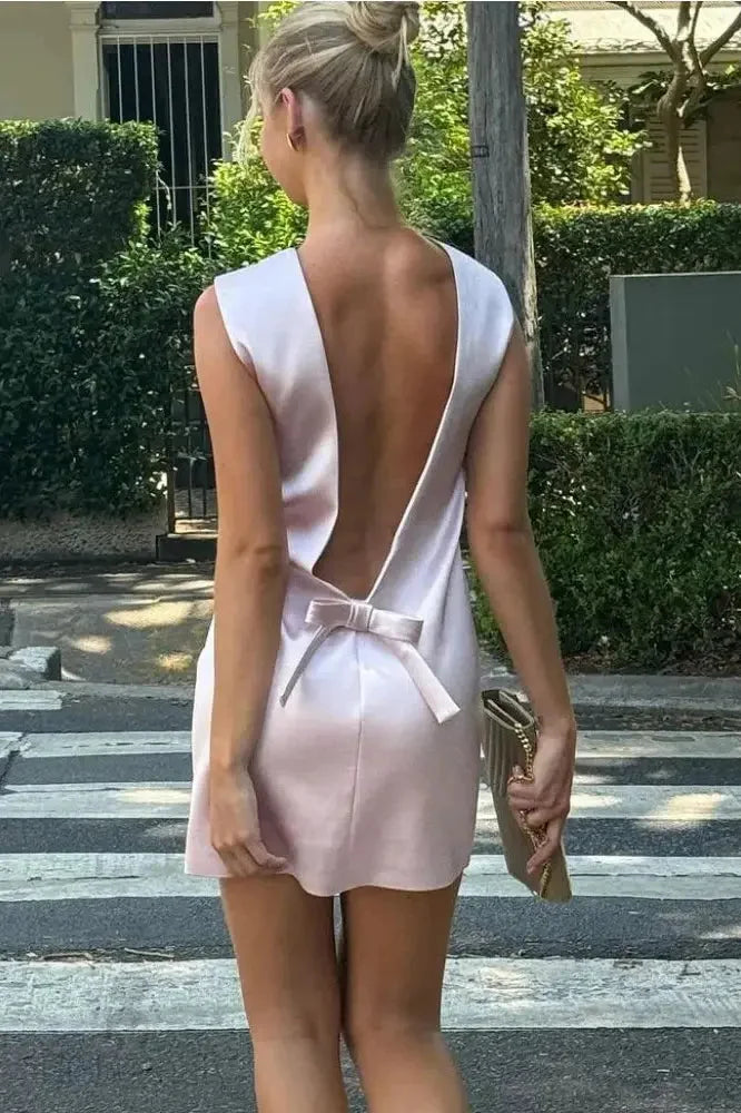 Satin Mini Dress With Bow Backless