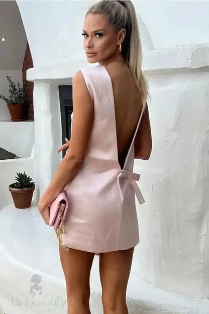 Satin Mini Dress With Bow Backless