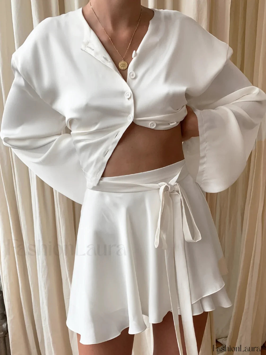 Satin Raw Hem Tied Two Piece Skirt Set Skirt Sets