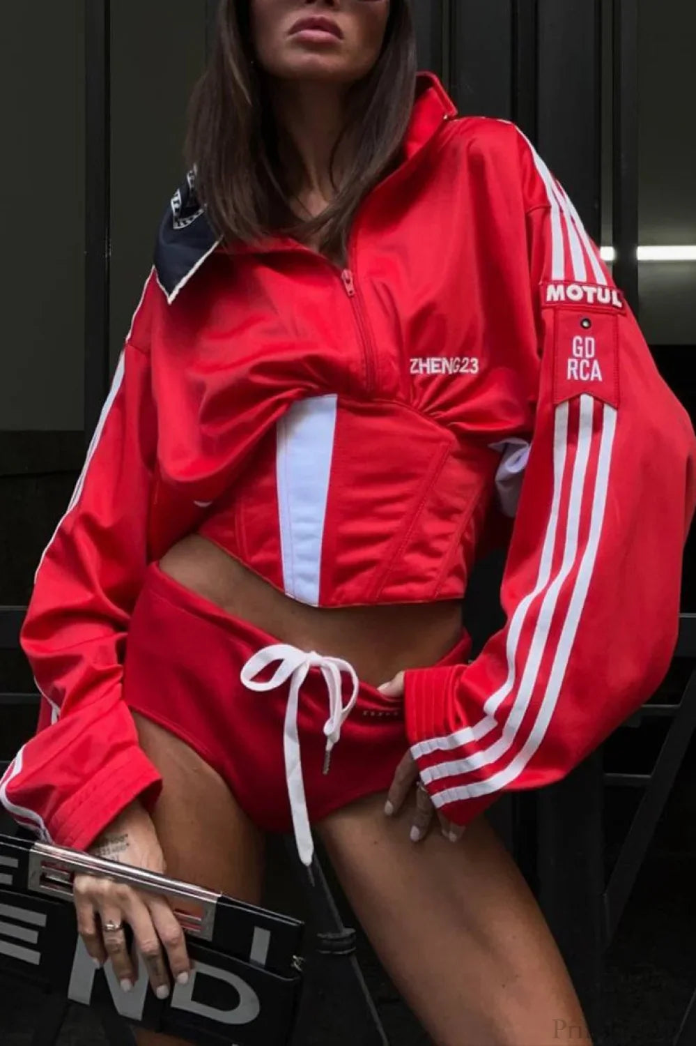 Satin Ruched Half Zip Crop Blouse Red / S
