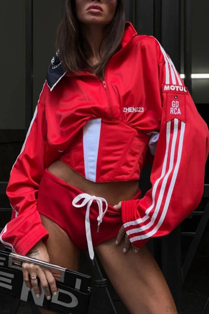 Satin Ruched Half Zip Crop Blouse Red / S
