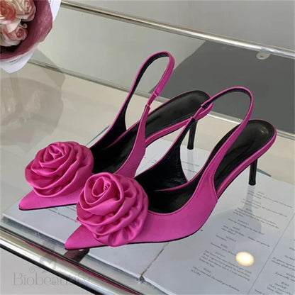 Satin Slingback Women Pumps With Sexy Flower Design Pointed Toe And Thin High Heels