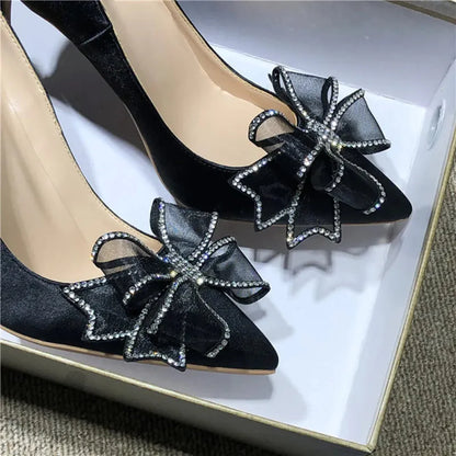 Satin Stiletto High Heels Slip On Pointed Toe Pumps With Silk Bowknot