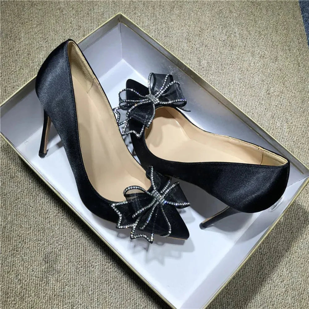 Satin Stiletto High Heels Slip On Pointed Toe Pumps With Silk Bowknot