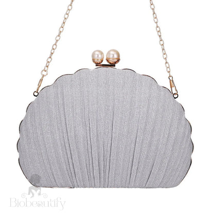 Scalloped Shell Pattern Ruched Silver Pear Clutch Bag