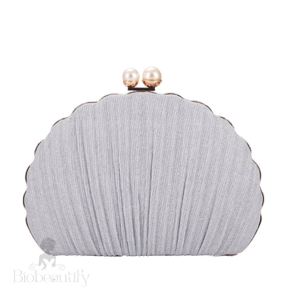 Scalloped Shell Pattern Ruched Silver Pear Clutch Bag One Size /