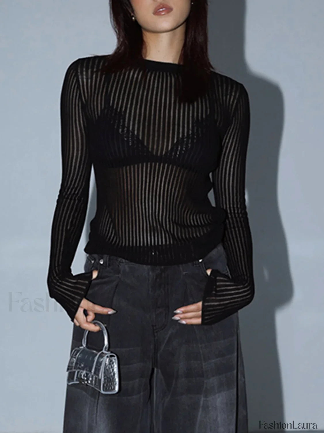 See Through Ribbed Mesh Top Black / XS Knit Tops