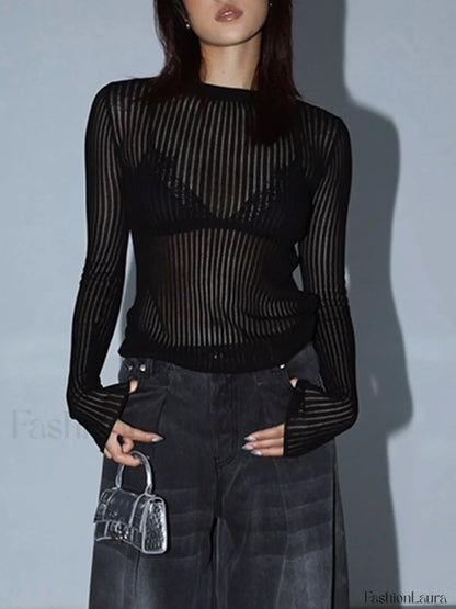 See Through Ribbed Mesh Top Black / XS Knit Tops