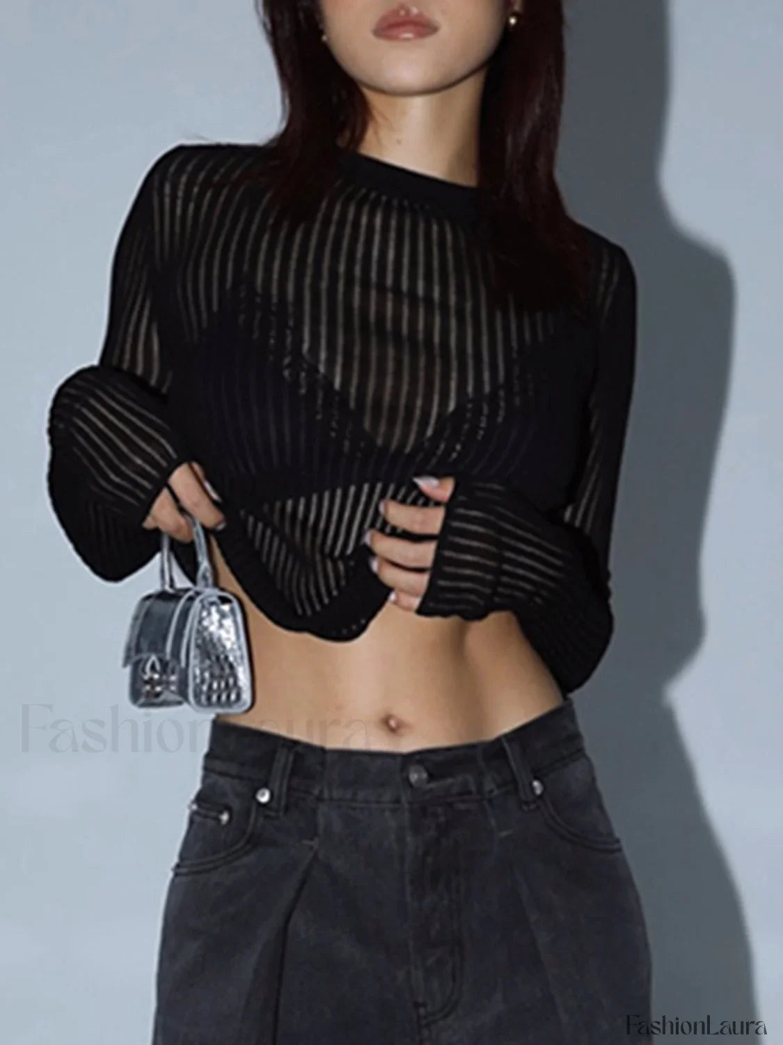 See Through Ribbed Mesh Top Knit Tops