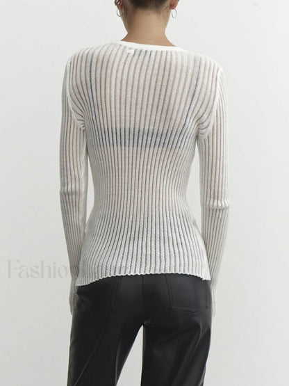 See Through Ribbed Mesh Top Knit Tops