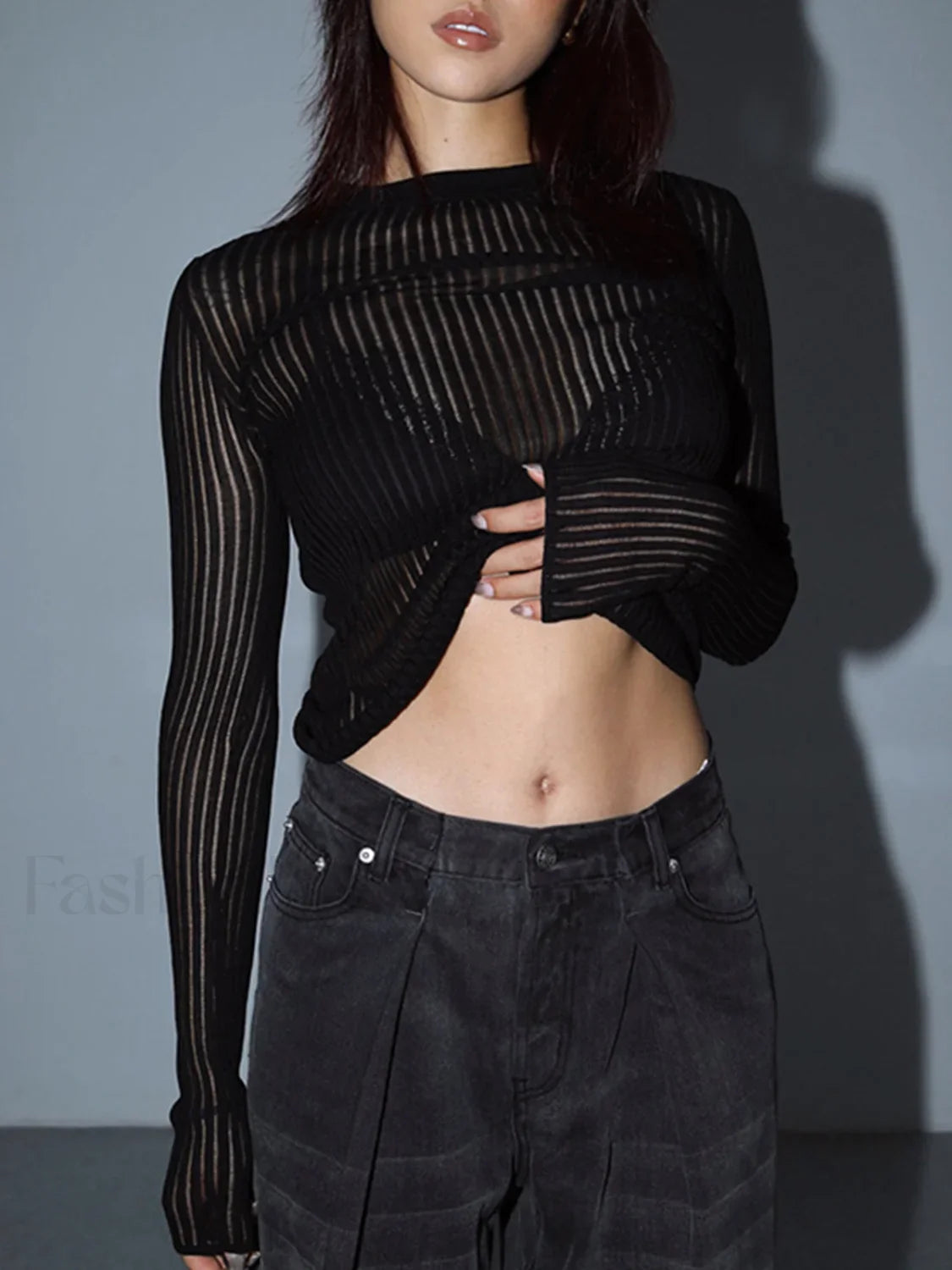 See Through Ribbed Mesh Top Knit Tops