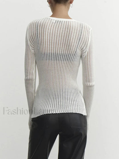 See Through Ribbed Mesh Top Knit Tops