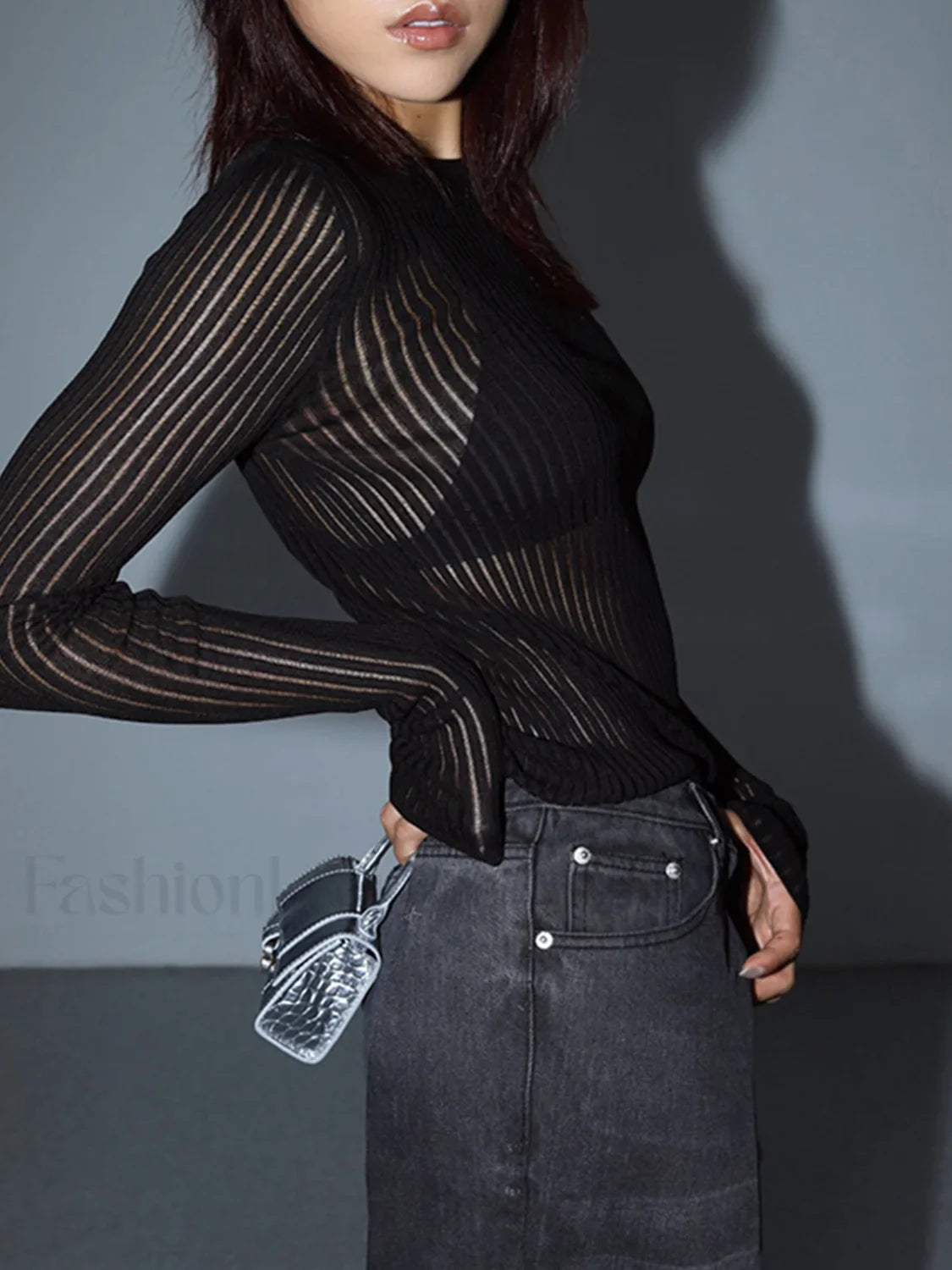 See Through Ribbed Mesh Top Knit Tops
