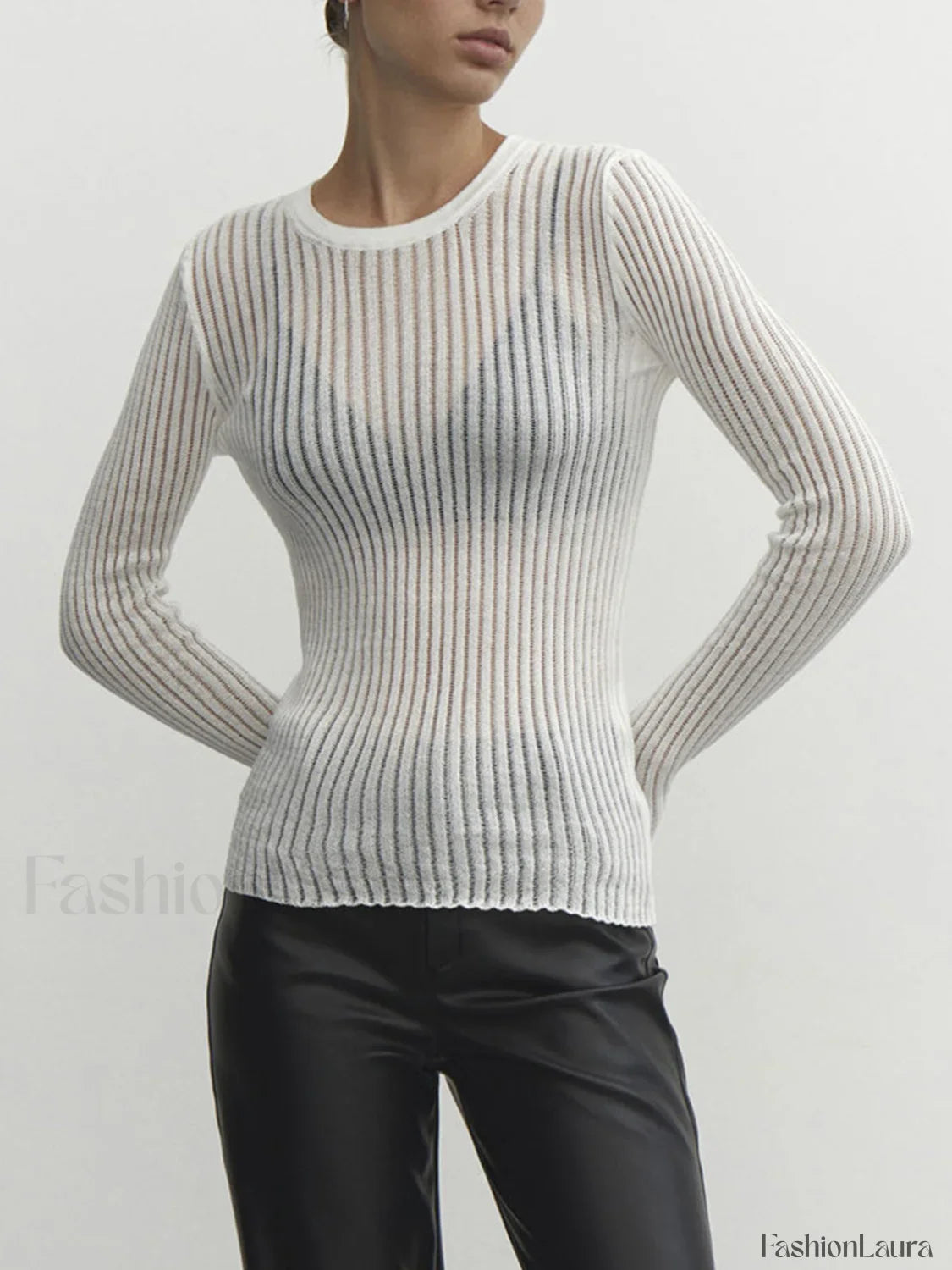 See Through Ribbed Mesh Top Knit Tops