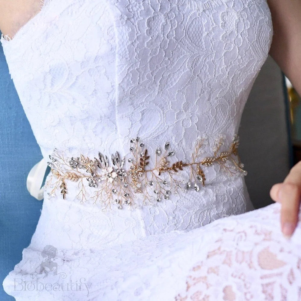 Seine Bohemian Crystal Pearl Bridal Belt Sash Gold Silver Options