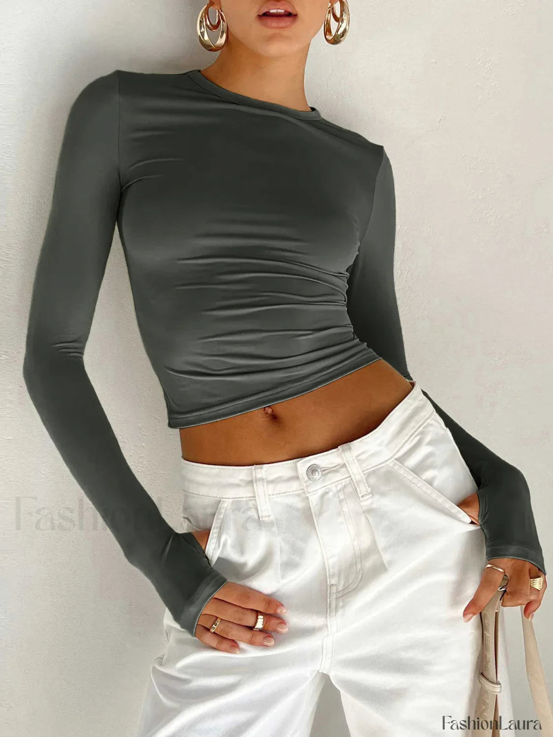 Semi Sheer Long Sleeve Crop Top Grey / XS T Shirts