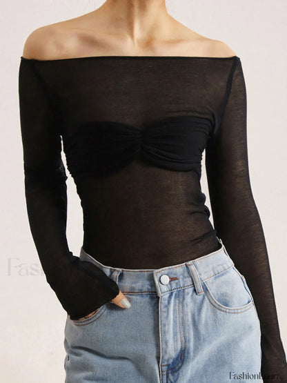 Semi Sheer Off Shoulder Mesh Long Sleeve Shirt Black / XS Knit Tops