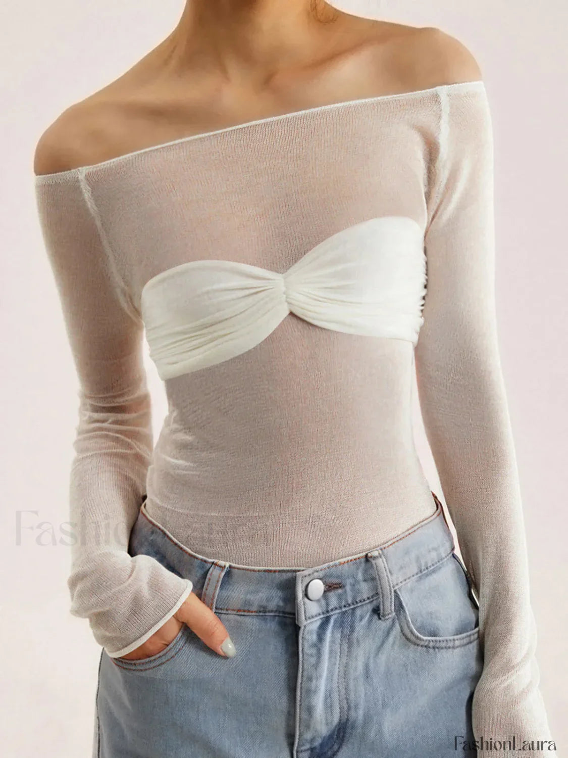 Semi Sheer Off Shoulder Mesh Long Sleeve Shirt Knit Tops