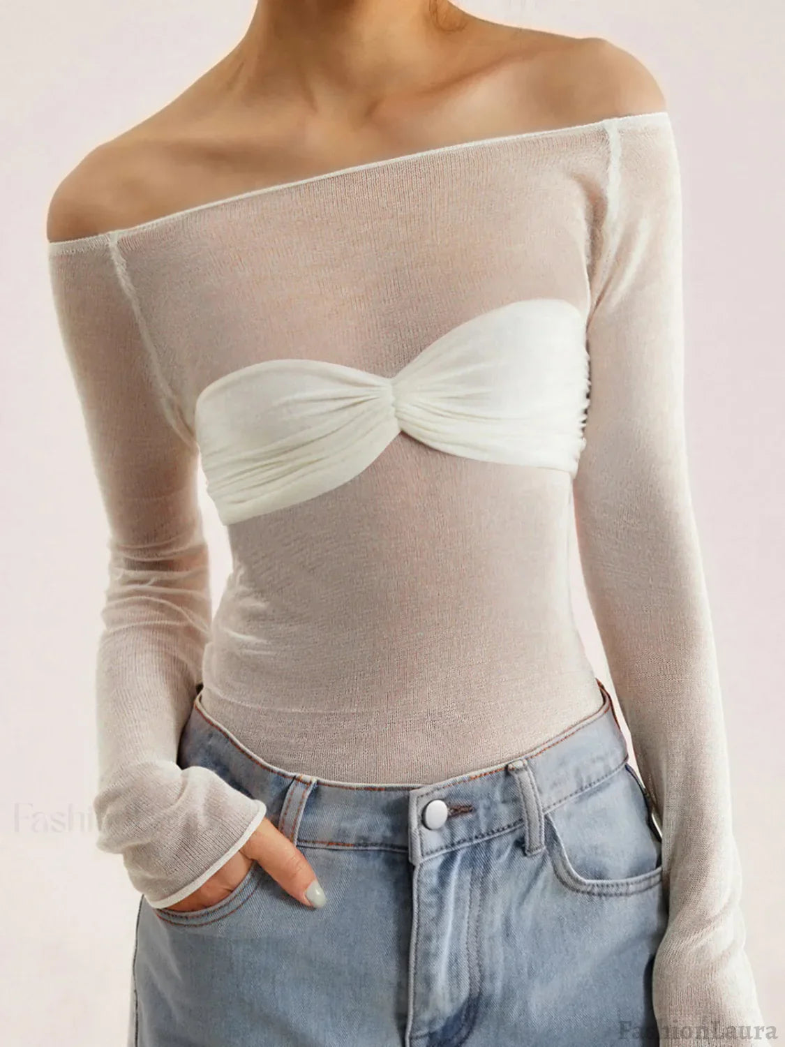 Semi Sheer Off Shoulder Mesh Long Sleeve Shirt Knit Tops