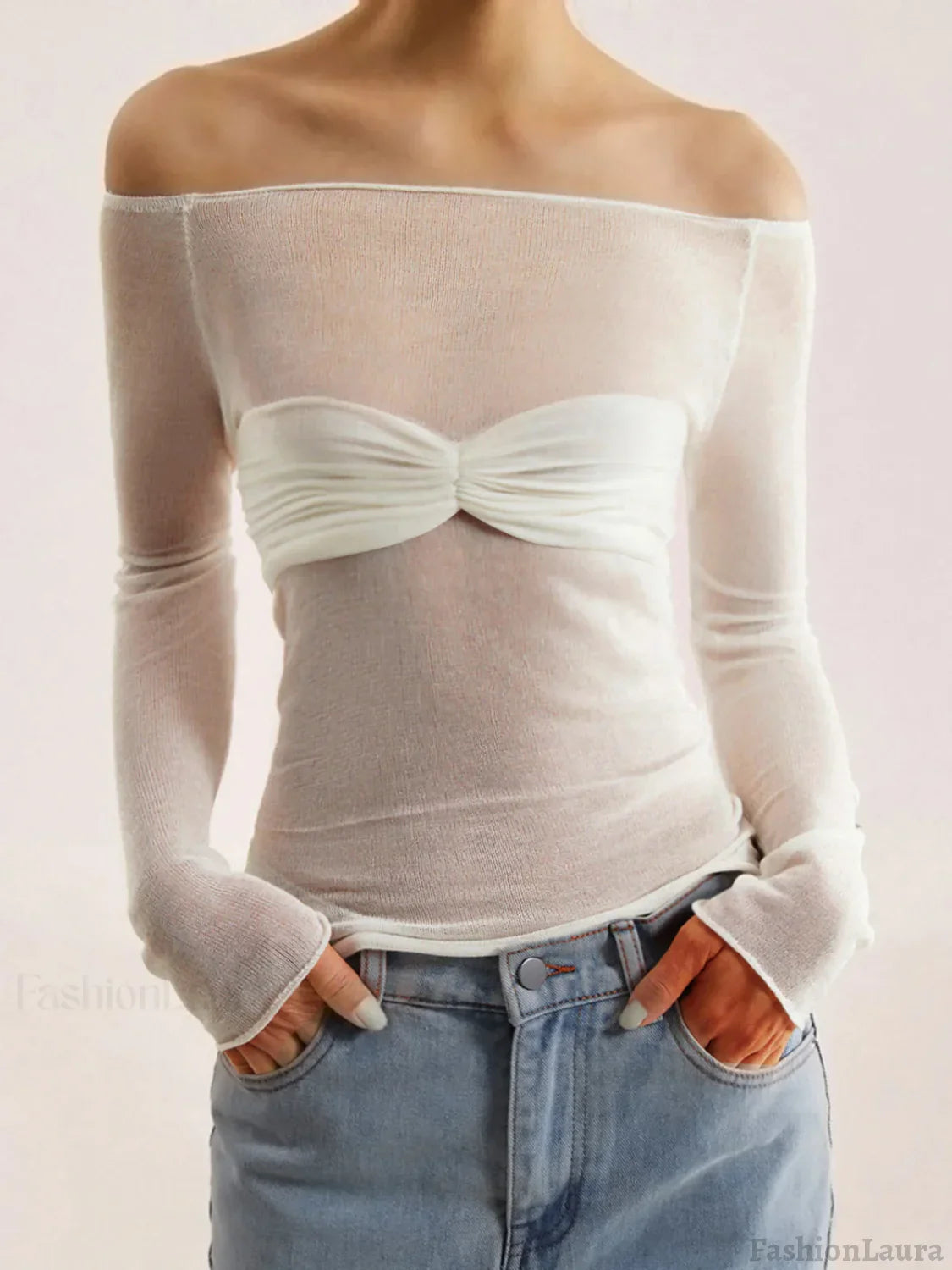 Semi Sheer Off Shoulder Mesh Long Sleeve Shirt Knit Tops