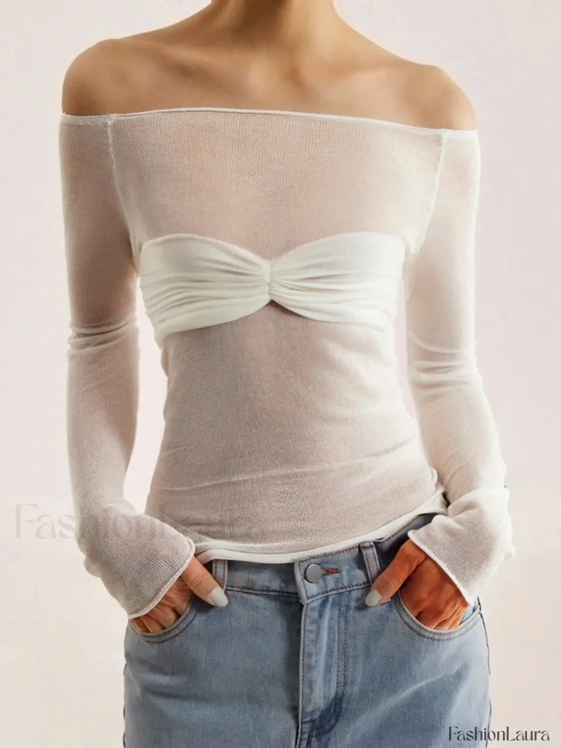Semi Sheer Off Shoulder Mesh Long Sleeve Shirt Knit Tops