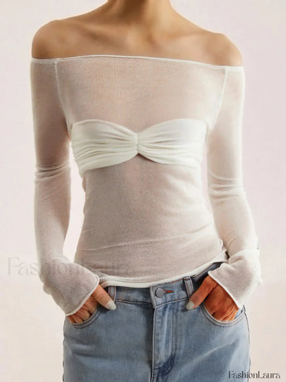 Semi Sheer Off Shoulder Mesh Long Sleeve Shirt Knit Tops