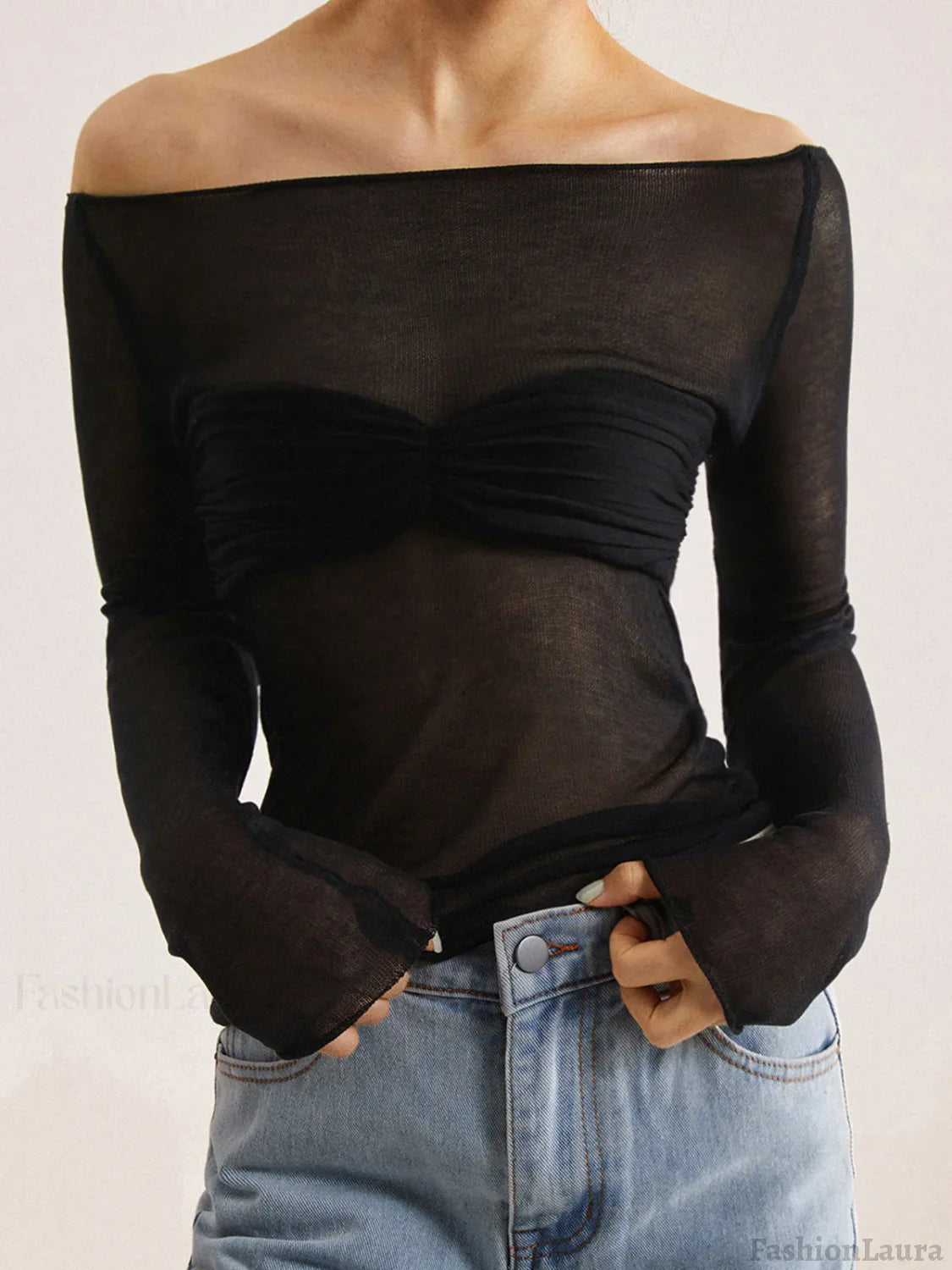 Semi Sheer Off Shoulder Mesh Long Sleeve Shirt Knit Tops