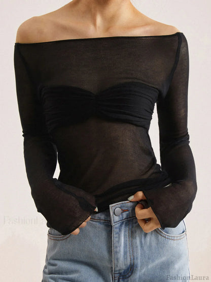 Semi Sheer Off Shoulder Mesh Long Sleeve Shirt Knit Tops