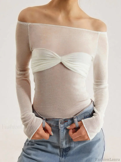 Semi Sheer Off Shoulder Mesh Long Sleeve Shirt White / XS Knit Tops