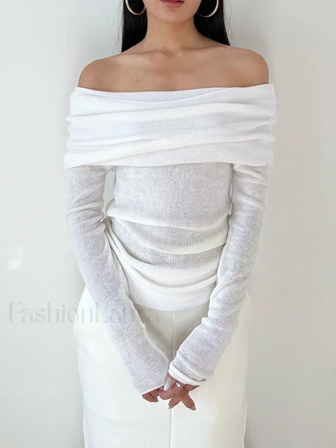Semi Sheer Overfold Off Shoulder Shirt Off White / XS T Shirts