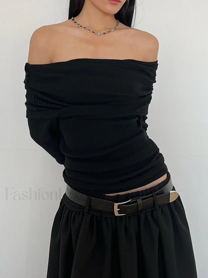 Semi Sheer Overfold Off Shoulder Shirt T Shirts