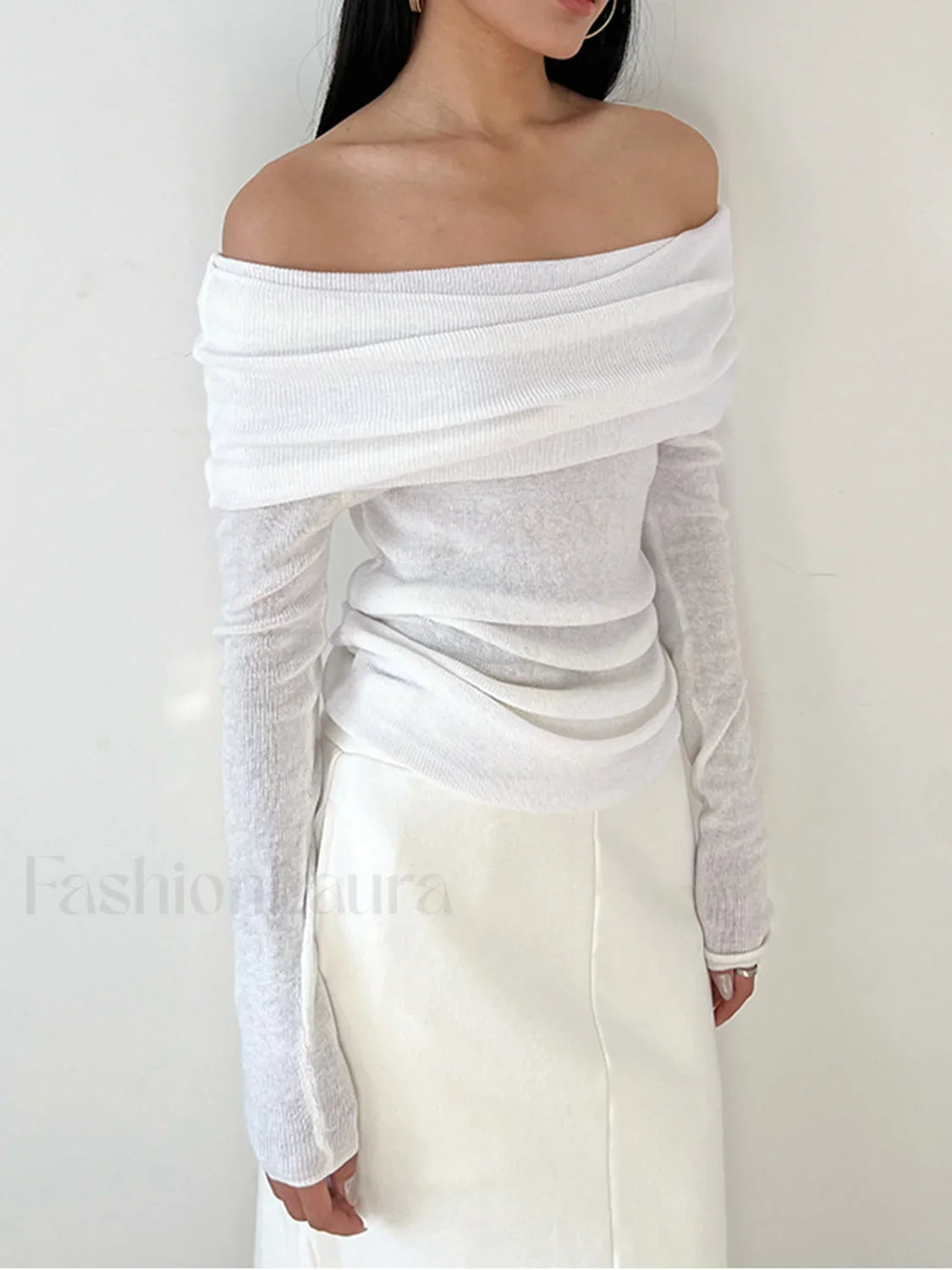 Semi Sheer Overfold Off Shoulder Shirt T Shirts