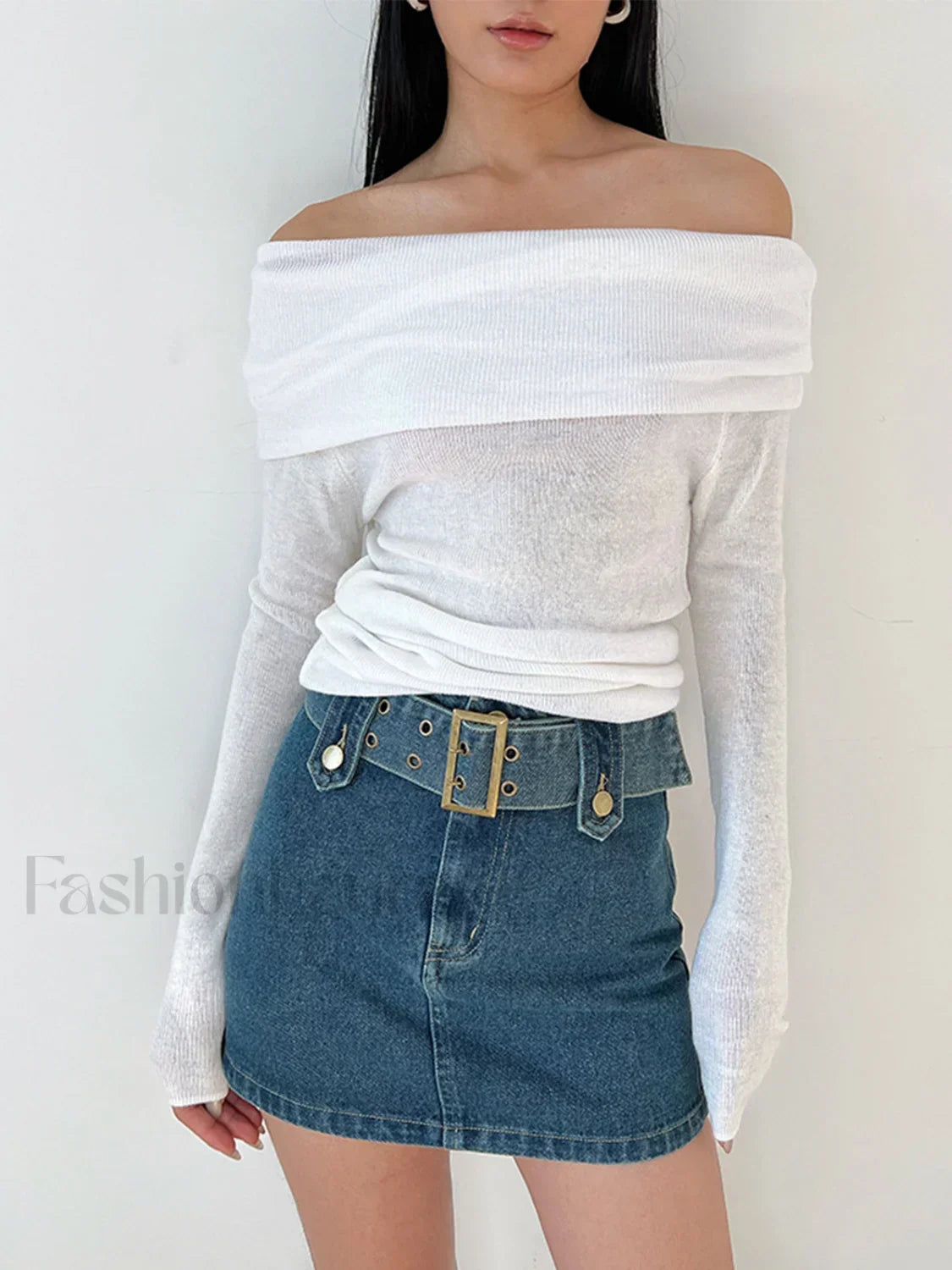 Semi Sheer Overfold Off Shoulder Shirt T Shirts